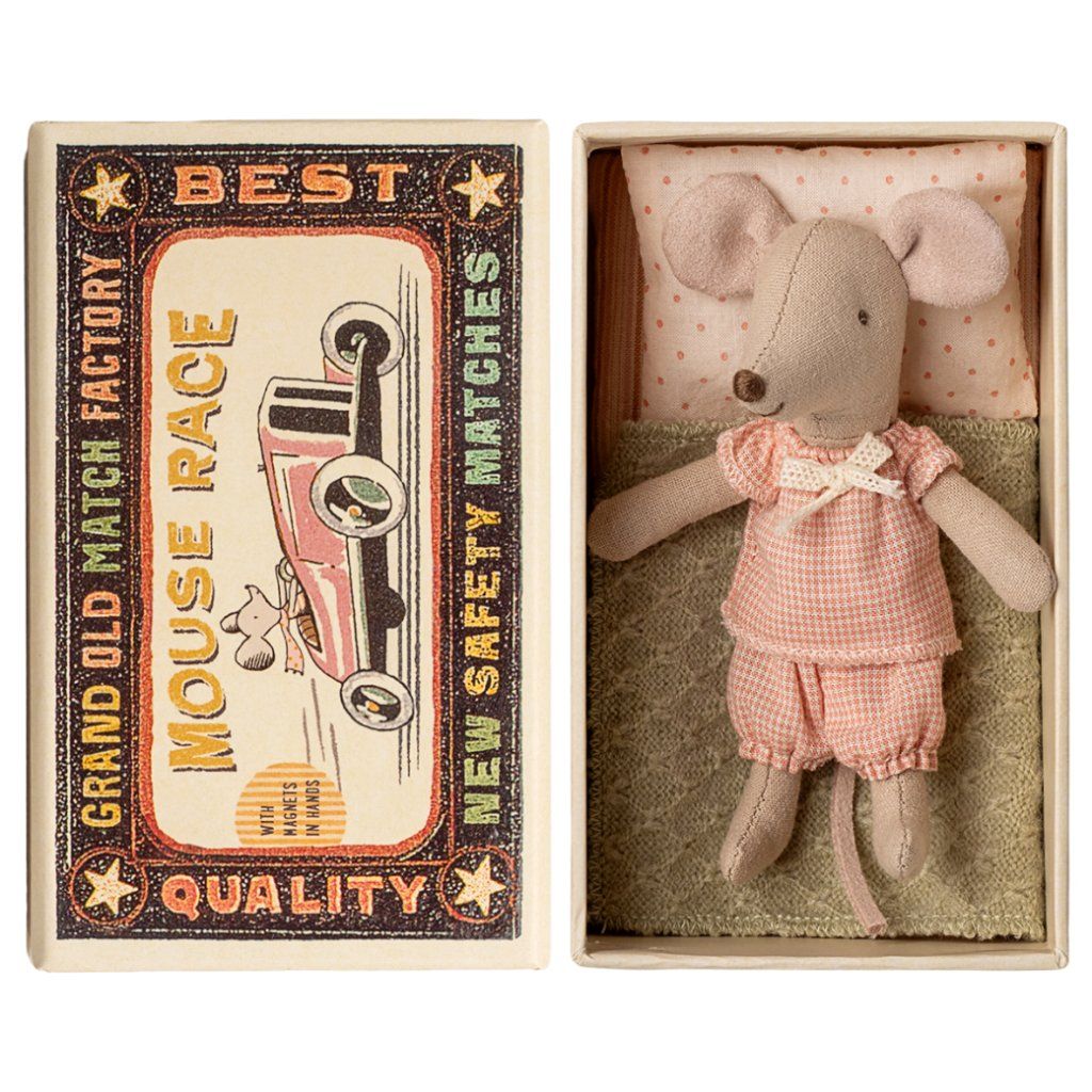 A classic Maileg item, this mouse is ready for hours of play and sleeps soundly in its little matchbox. The clothes and bedding are made of soft fabrics with unique prints in beautiful colors. The mouse has magnets in its hands.  Need to Know  Sizes Height: 11.00cm, Net weight: 0.10kg  Recommended Age +3  Item No 17-5109-00  Primary Material Cotton/Cardboard  Fillings Recycled Polyester/PE Pellets  Care Instructions Soft toy: Machine wash at 30 degrees C / Cardboard: Surface wash Certifications The Safety of Toys Directive, 2009/48/EF and harmo