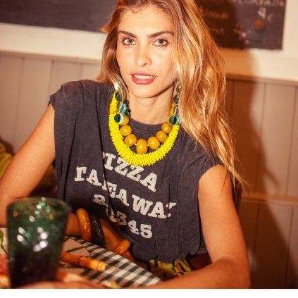 SISTERS DEPARTMENT Dámský top - Faded black w/ "pizza takeaway" print
