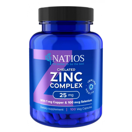 NATIOS Zinc Chelated Complex, Zinek, selen a měď, 25 mg, 100 veganských kapslí