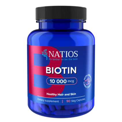 NATIOS Biotin, 10 000 mcg, Extra Strength, 90 veganských kapslí