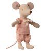 A classic Maileg item, this mouse is ready for hours of play and sleeps soundly in its little matchbox. The clothes and bedding are made of soft fabrics with unique prints in beautiful colors. The mouse has magnets in its hands.  Need to Know  Sizes Height: 11.00cm, Net weight: 0.10kg  Recommended Age +3  Item No 17-5109-00  Primary Material Cotton/Cardboard  Fillings Recycled Polyester/PE Pellets  Care Instructions Soft toy: Machine wash at 30 degrees C / Cardboard: Surface wash Certifications The Safety of Toys Directive, 2009/48/EF and harmo
